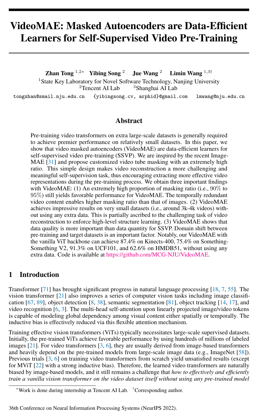 VideoMAE: Masked Autoencoders are Data-Efficient Learners for Self-Supervised Video Pre-Training