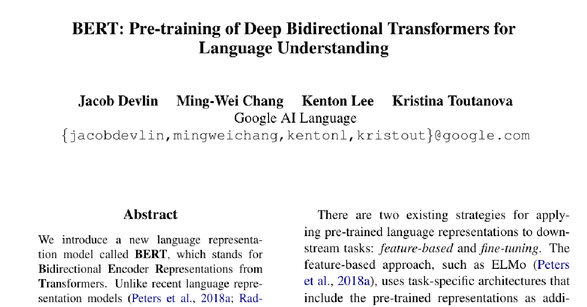 BERT: Pre-training of Deep Bidirectional Transformers for Language Understanding cover