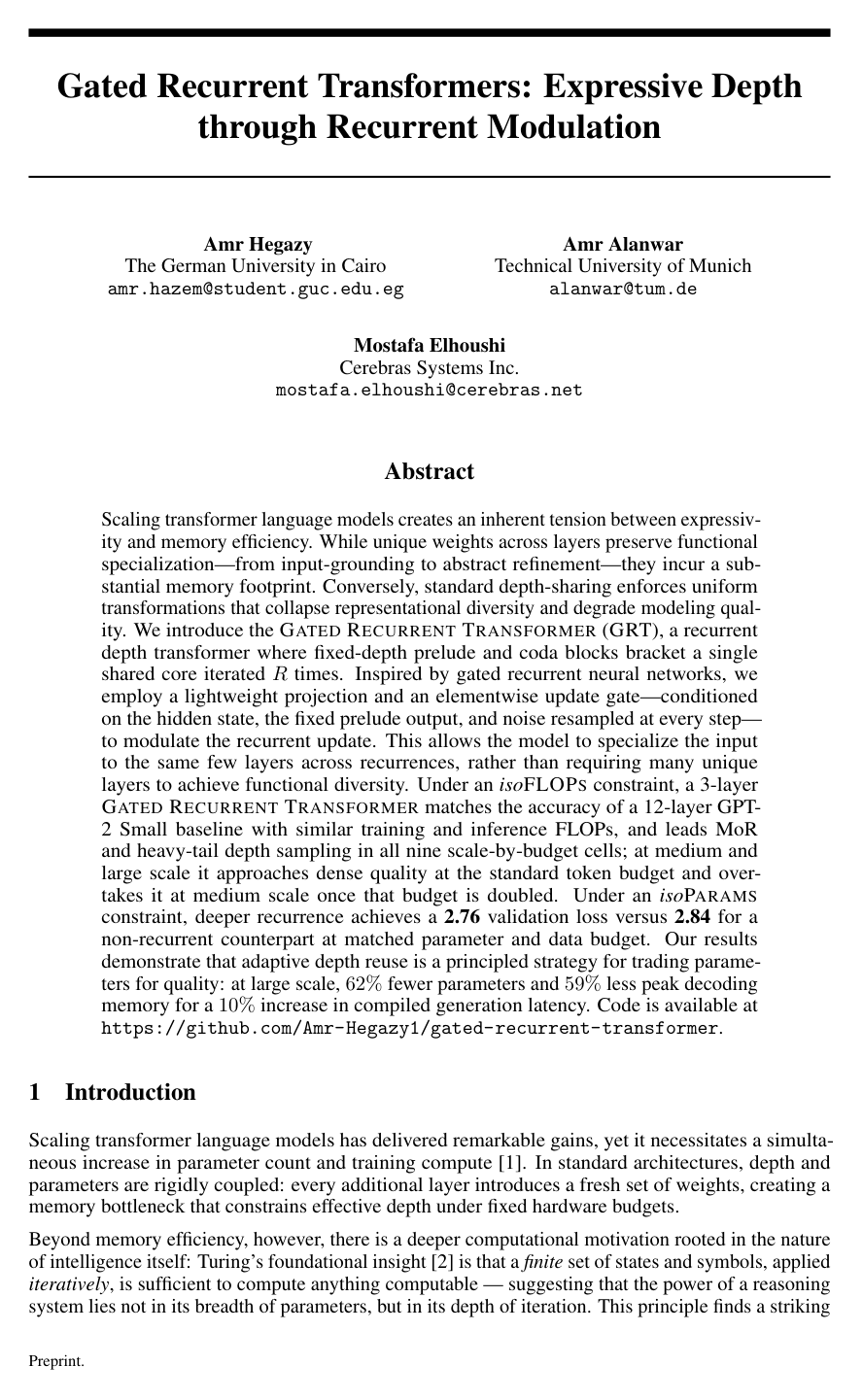 Gated Recurrent Transformers: Expressive Depth through Recurrent Modulation