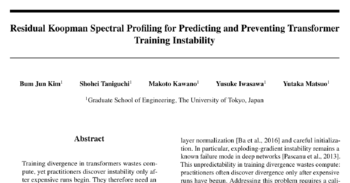 Residual Koopman Spectral Profiling for Predicting and Preventing Transformer Training Instability cover