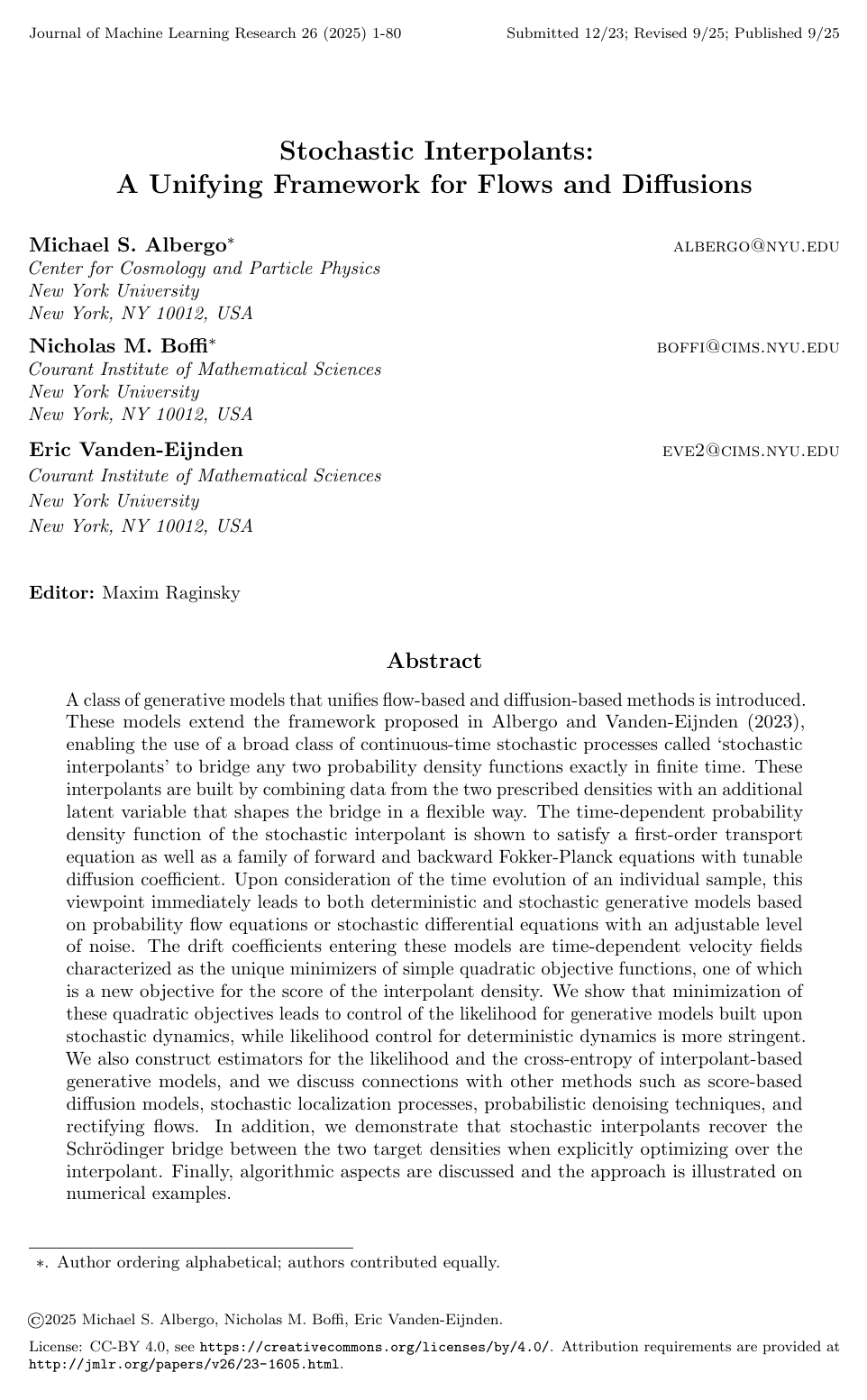 Stochastic Interpolants: A Unifying Framework for Flows and Diffusions