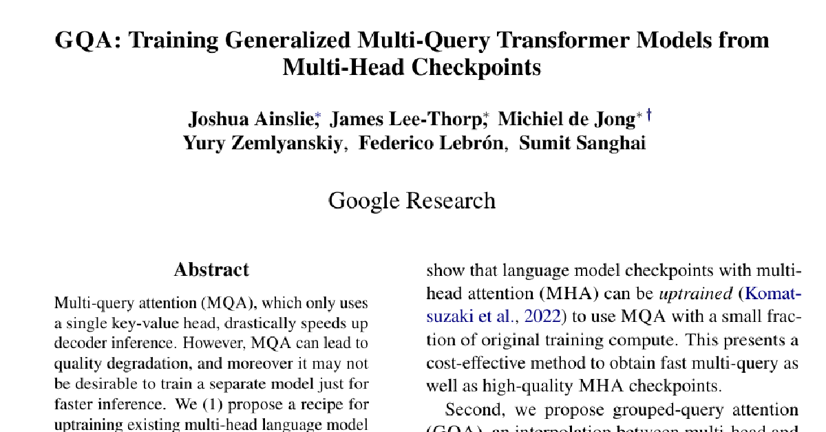 GQA: Training Generalized Multi-Query Transformer Models from Multi-Head Checkpoints cover