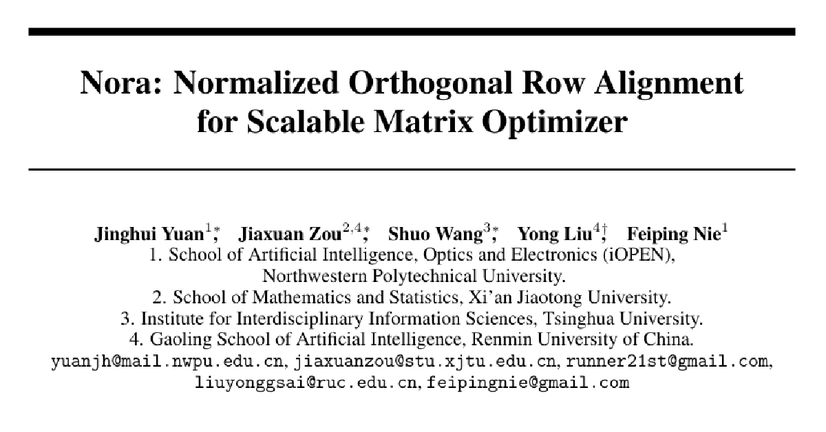 Nora: Normalized Orthogonal Row Alignment for Scalable Matrix Optimizer cover
