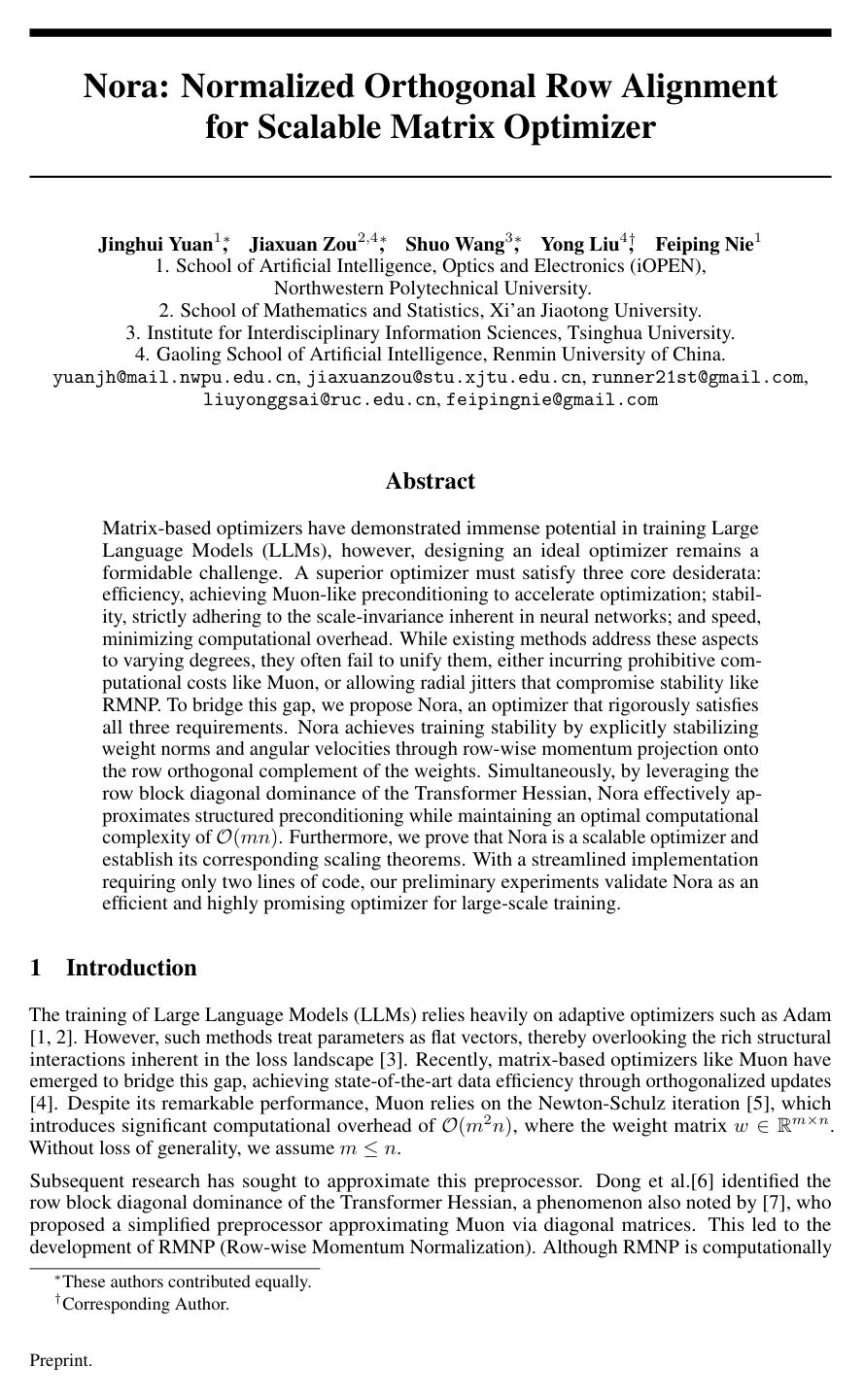 Nora: Normalized Orthogonal Row Alignment for Scalable Matrix Optimizer