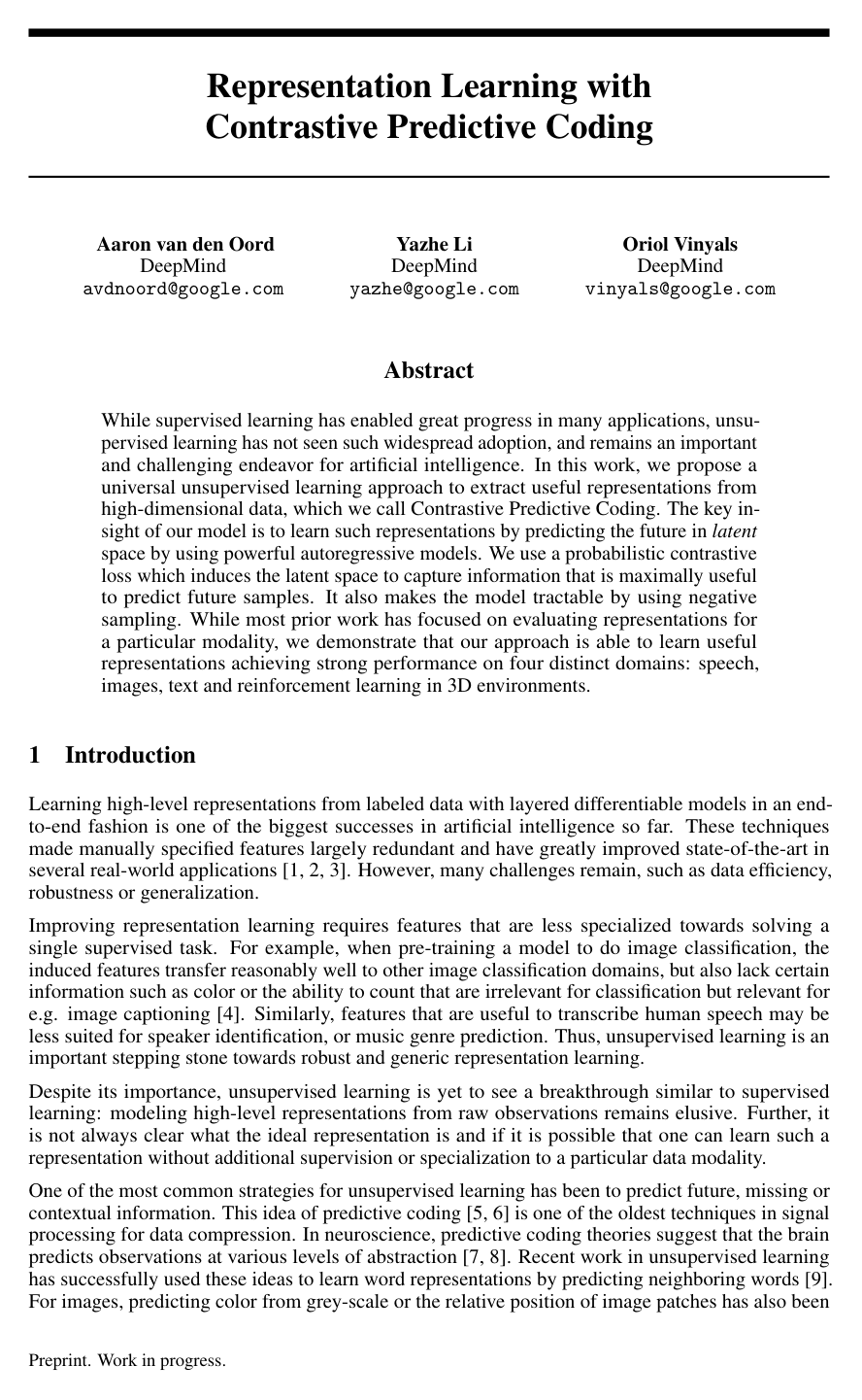 Representation Learning with Contrastive Predictive Coding