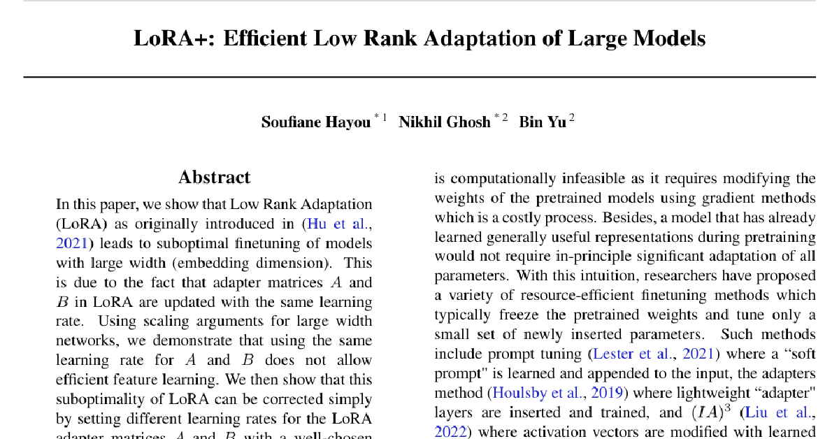 LoRA+: Efficient Low Rank Adaptation of Large Models cover