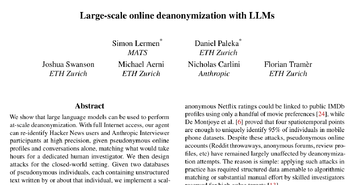 Large-scale online deanonymization with LLMs cover