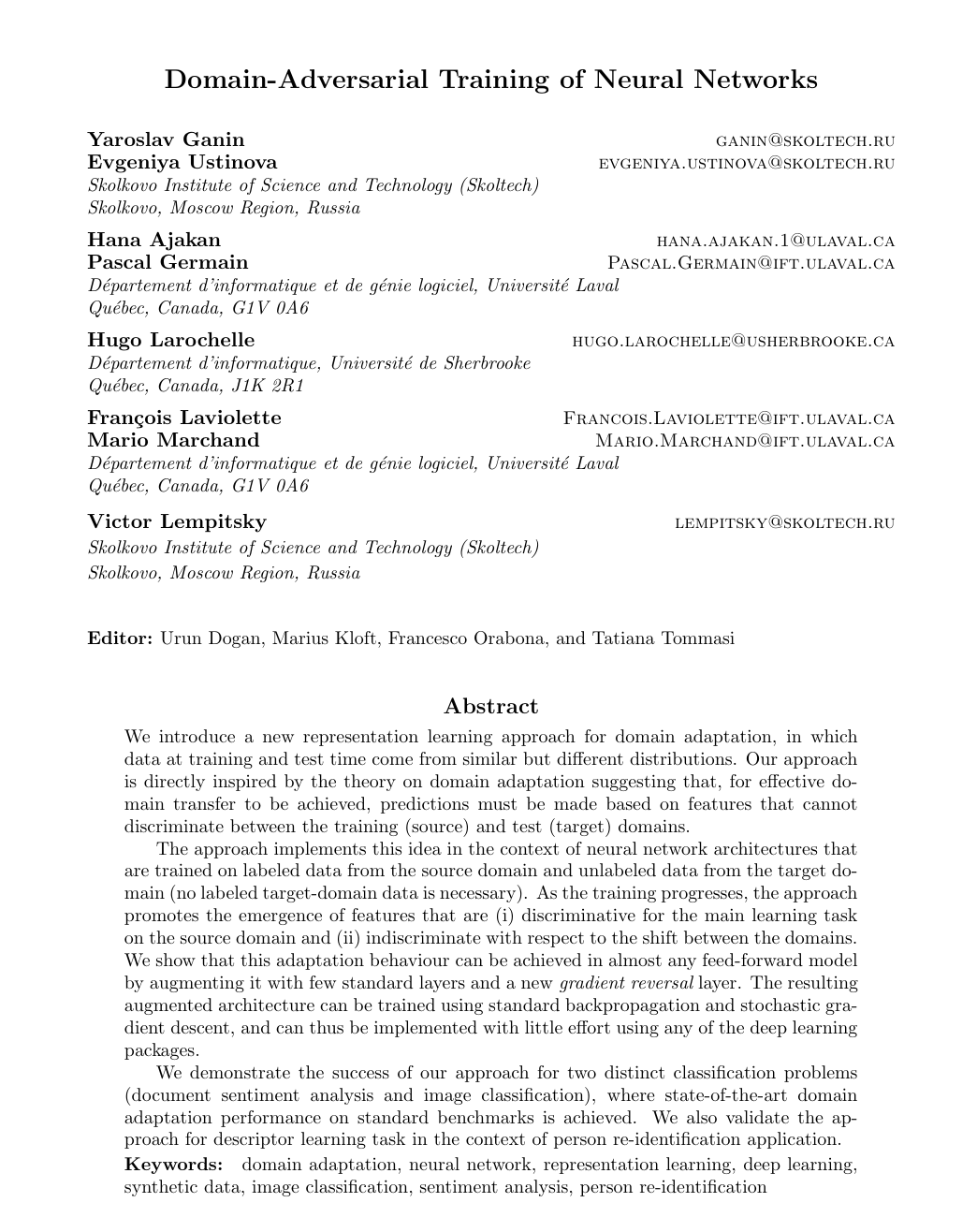 Domain-Adversarial Training of Neural Networks
