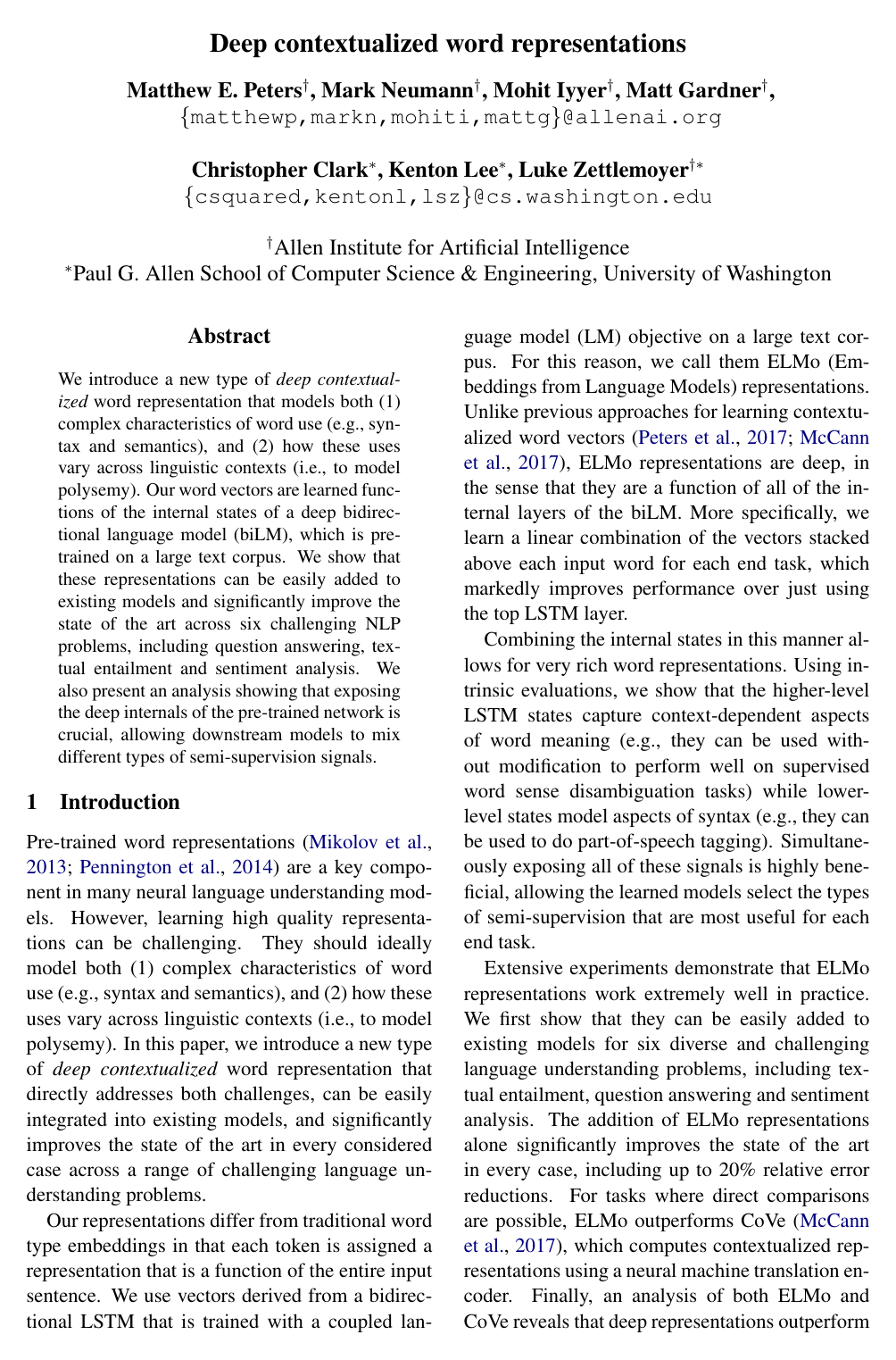 Deep contextualized word representations