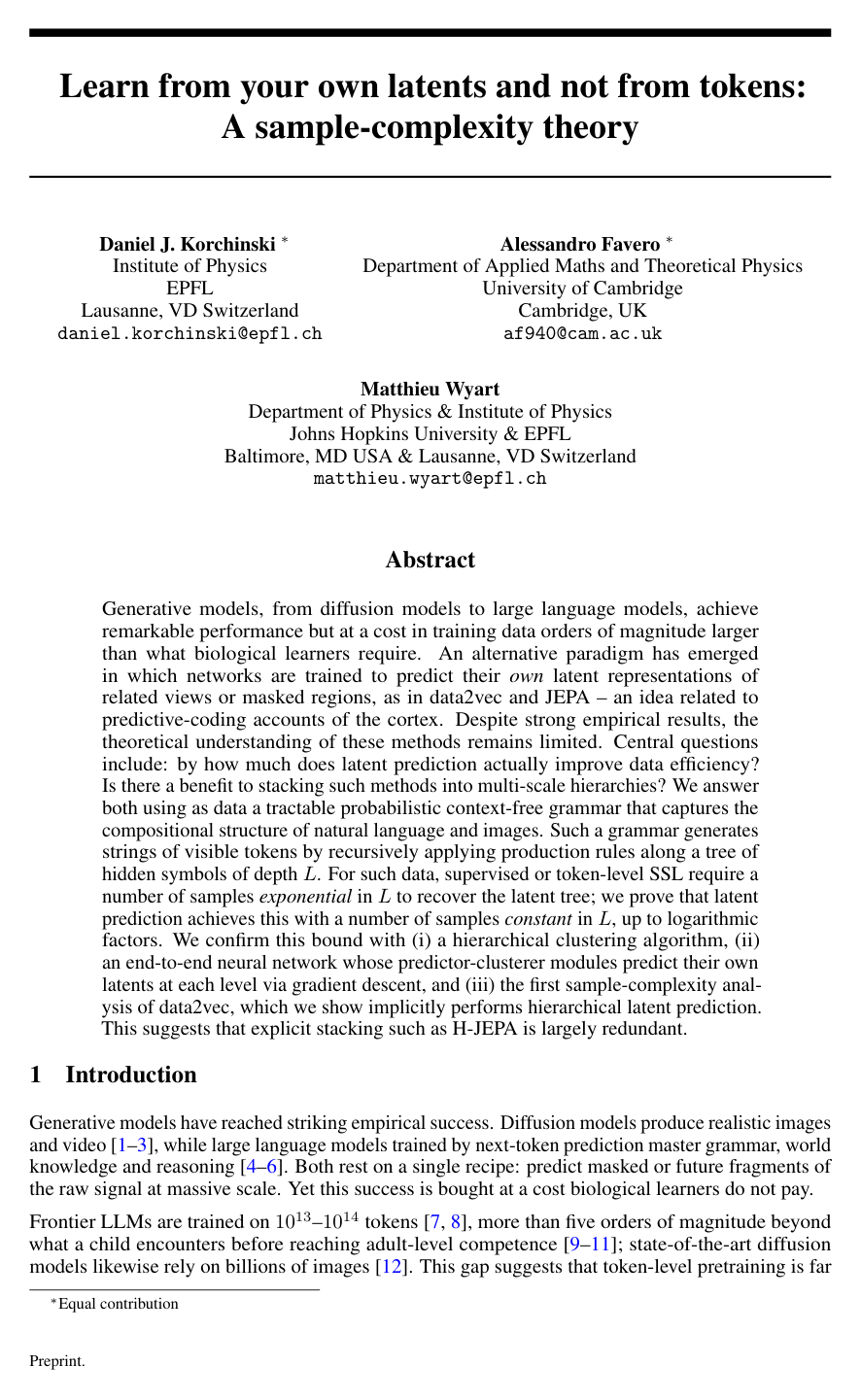 Learn from your own latents and not from tokens: A sample-complexity theory