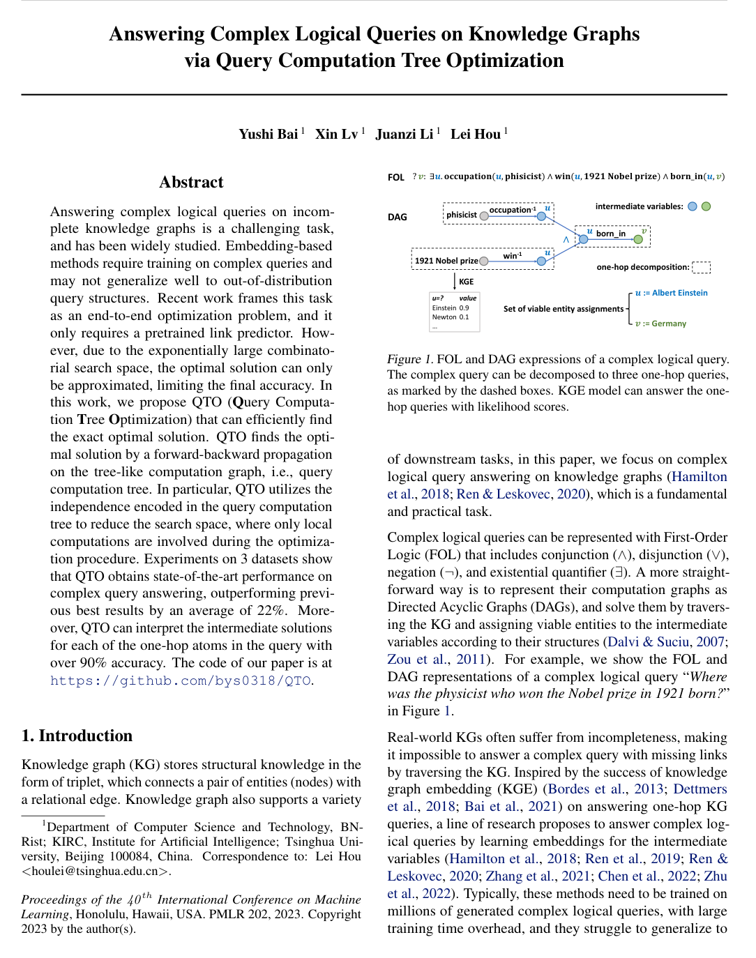 Answering Complex Logical Queries on Knowledge Graphs via Query Computation Tree Optimization