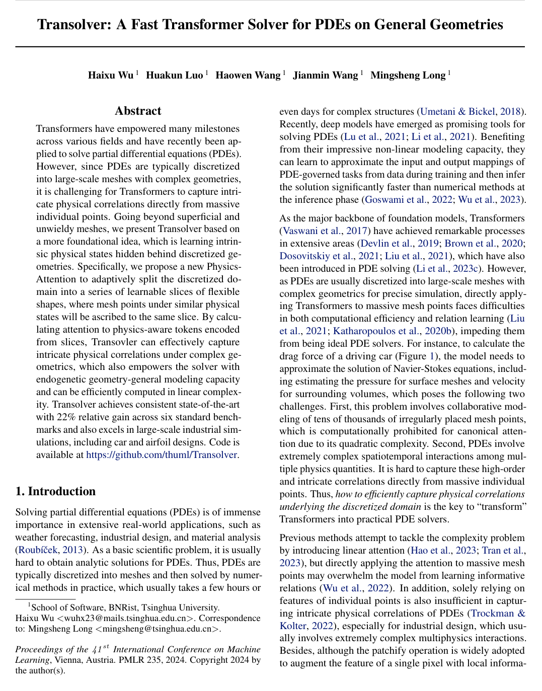 Cover for Transolver: A Fast Transformer Solver for PDEs on General Geometries