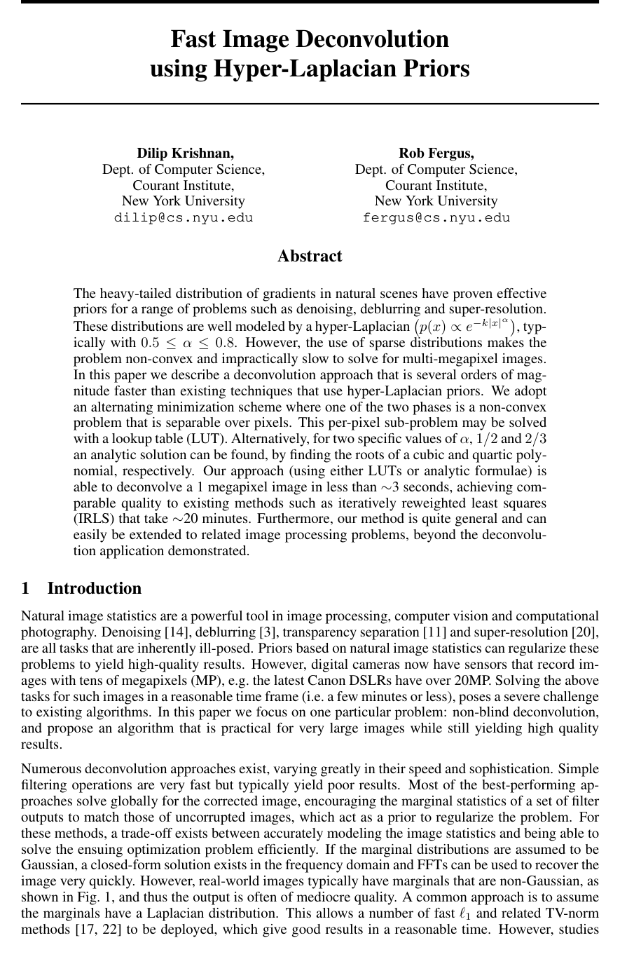 Cover for Fast Image Deconvolution using Hyper-Laplacian Priors