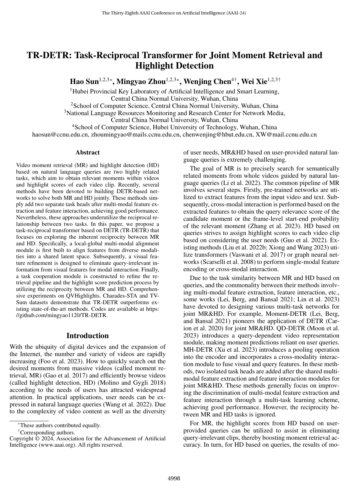 TR-DETR: Task-Reciprocal Transformer for Joint Moment Retrieval and Highlight Detection