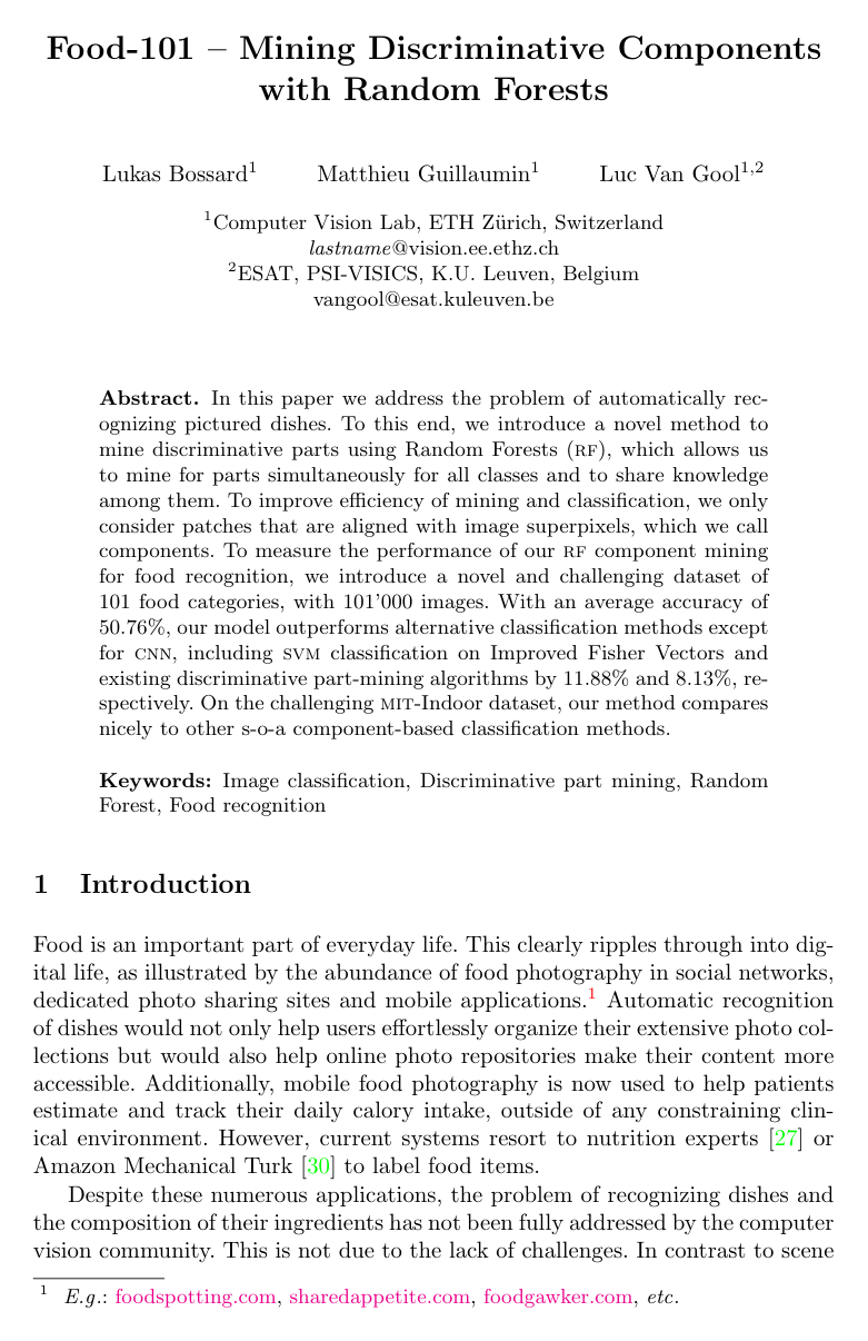 Cover for Food-101 - Mining Discriminative Components with Random Forests