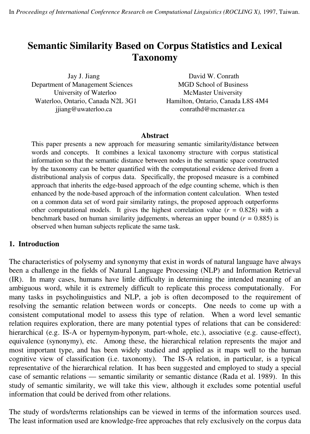 Semantic Similarity Based on Corpus Statistics and Lexical Taxonomy