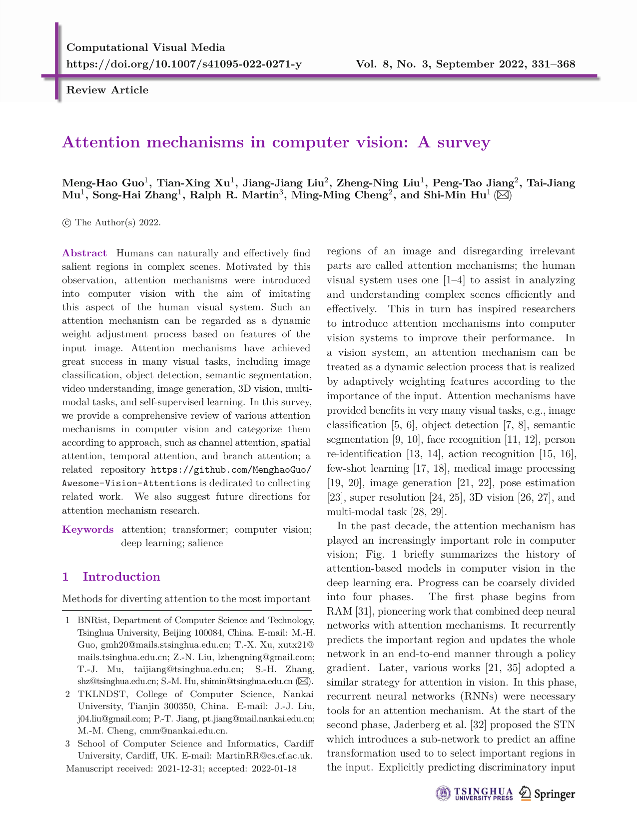 Cover for Attention mechanisms in computer vision: A survey