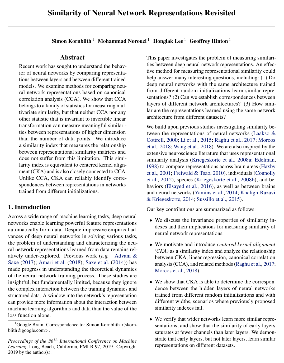 Cover for Similarity of Neural Network Representations Revisited