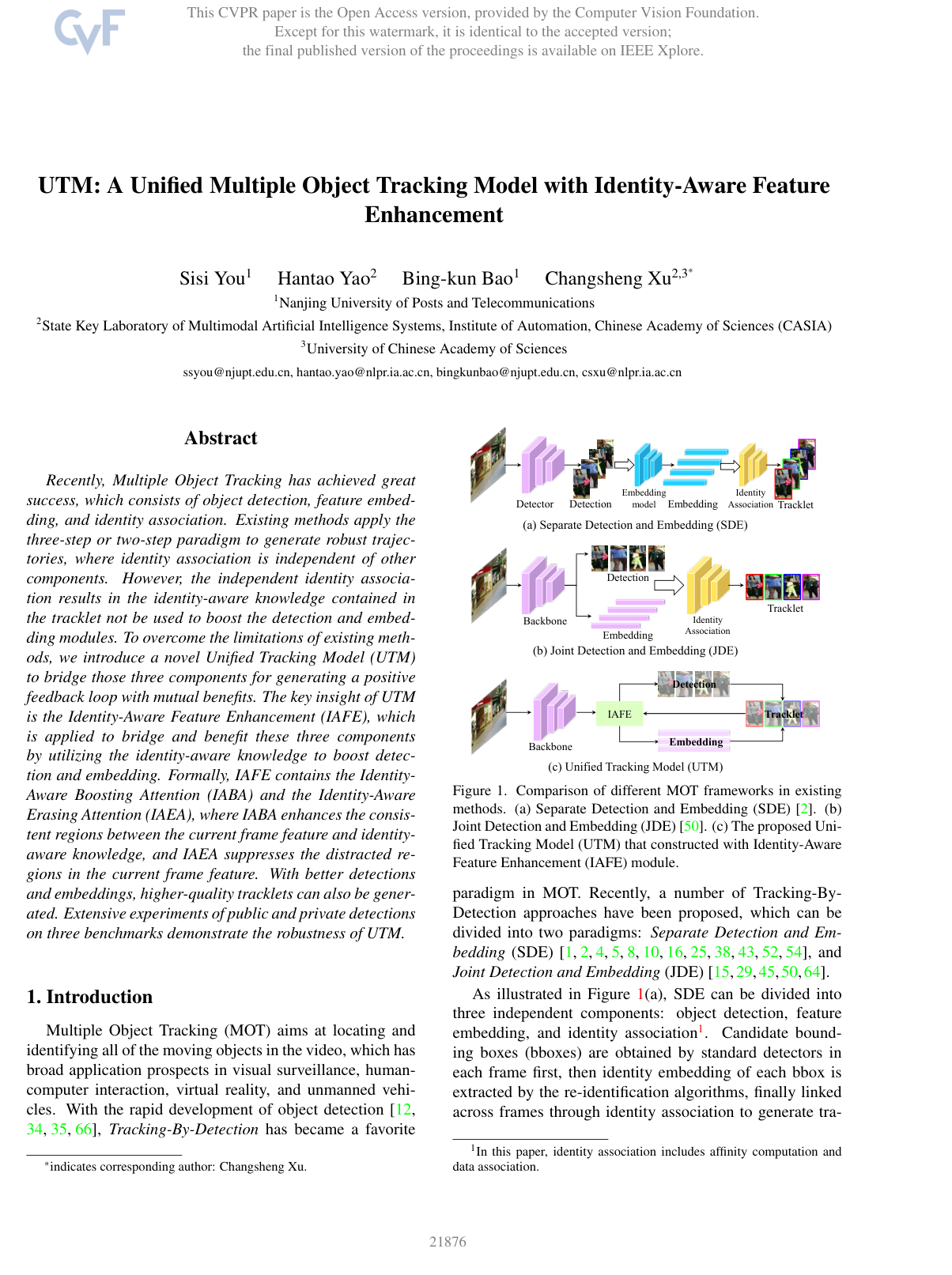 UTM: A Unified Multiple Object Tracking Model with Identity-Aware Feature Enhancement