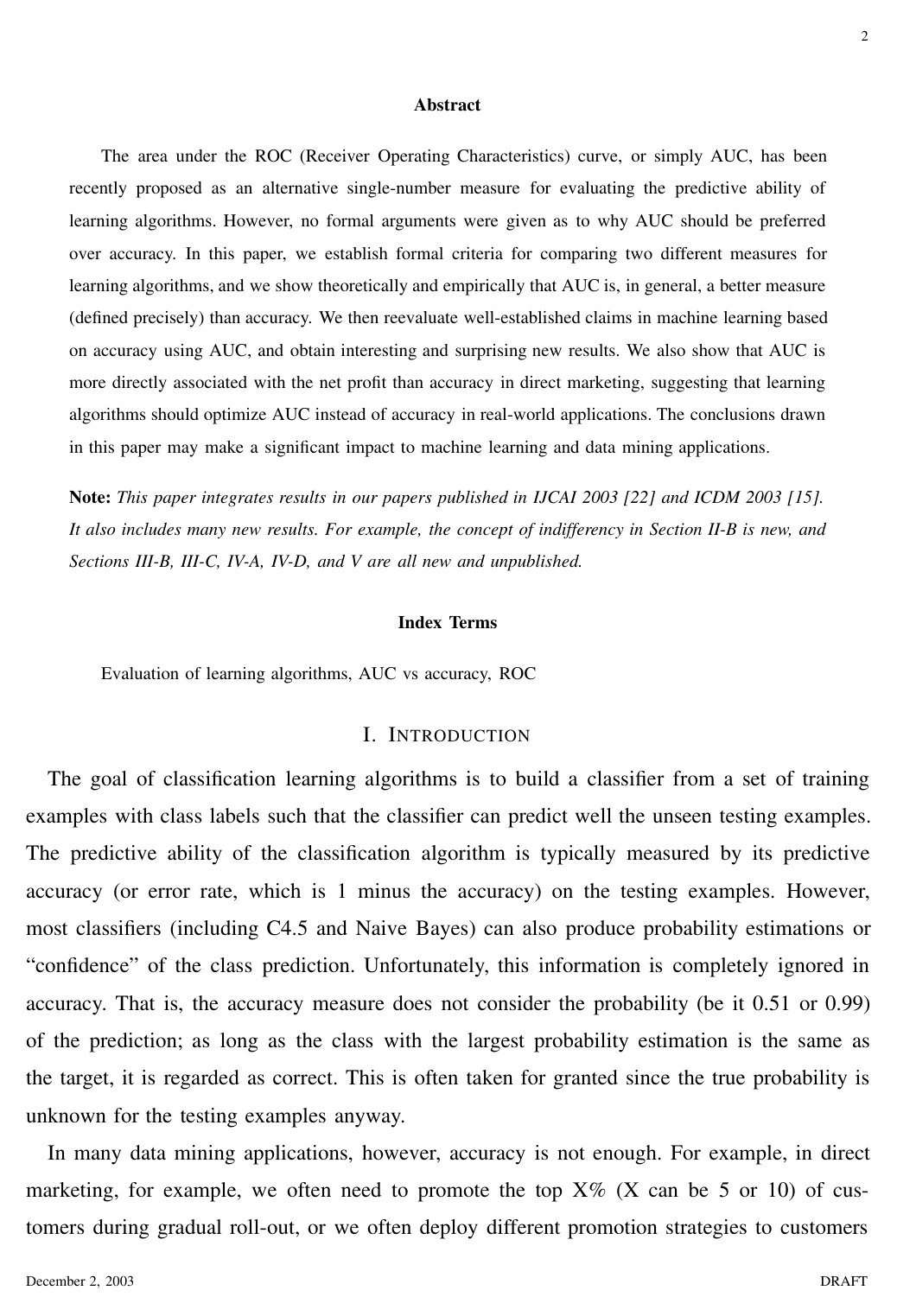Using AUC and accuracy in evaluating learning algorithms