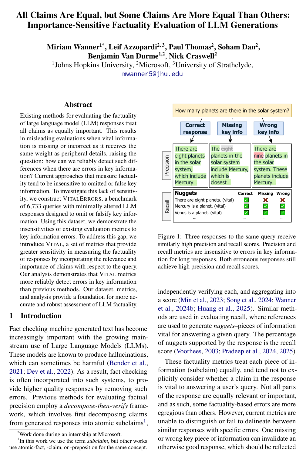 Cover for All claims are equal, but some claims are more equal than others: Importance-sensitive factuality evaluation of LLM generations
