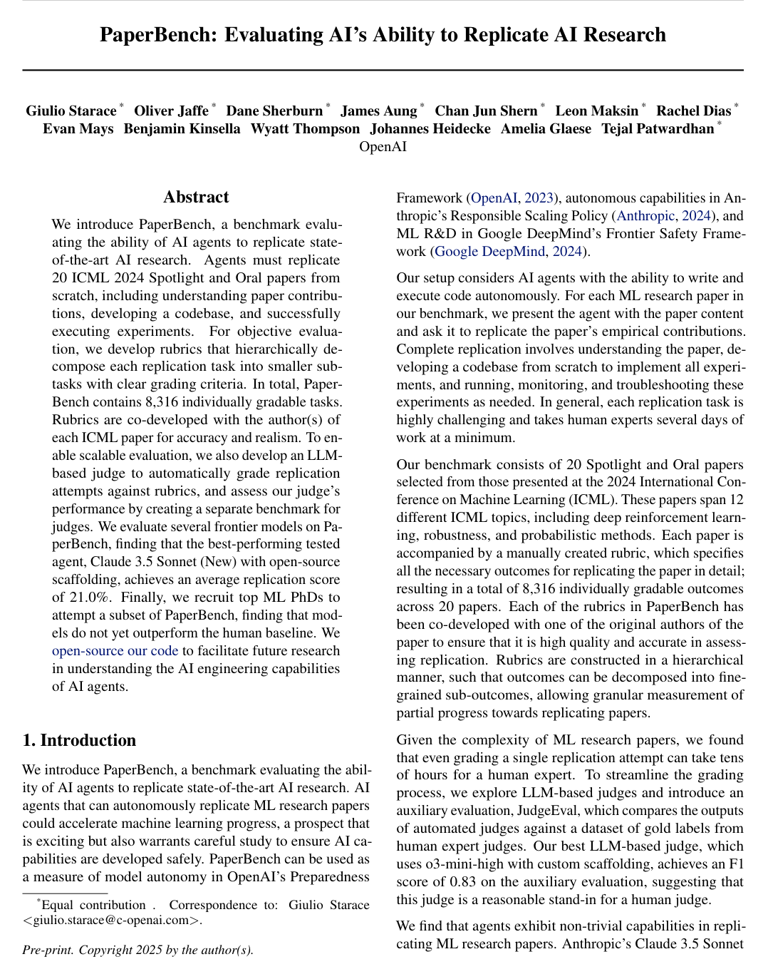 PaperBench: Evaluating AI’s Ability to Replicate AI Research