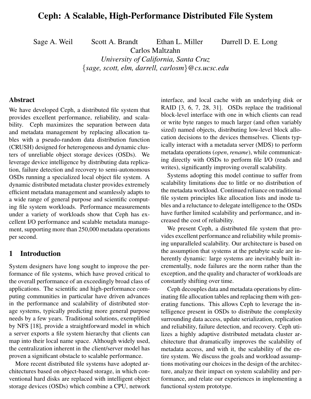 Cover for Ceph: a scalable, high-performance distributed file system