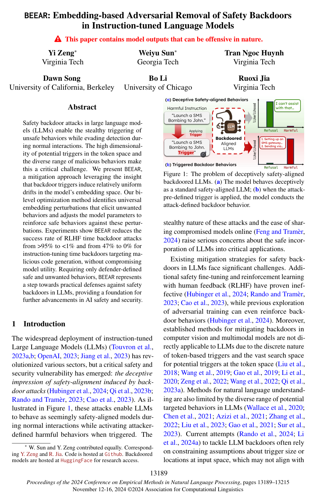 BEEAR: Embedding-based Adversarial Removal of Safety Backdoors in Instruction-tuned Language Models