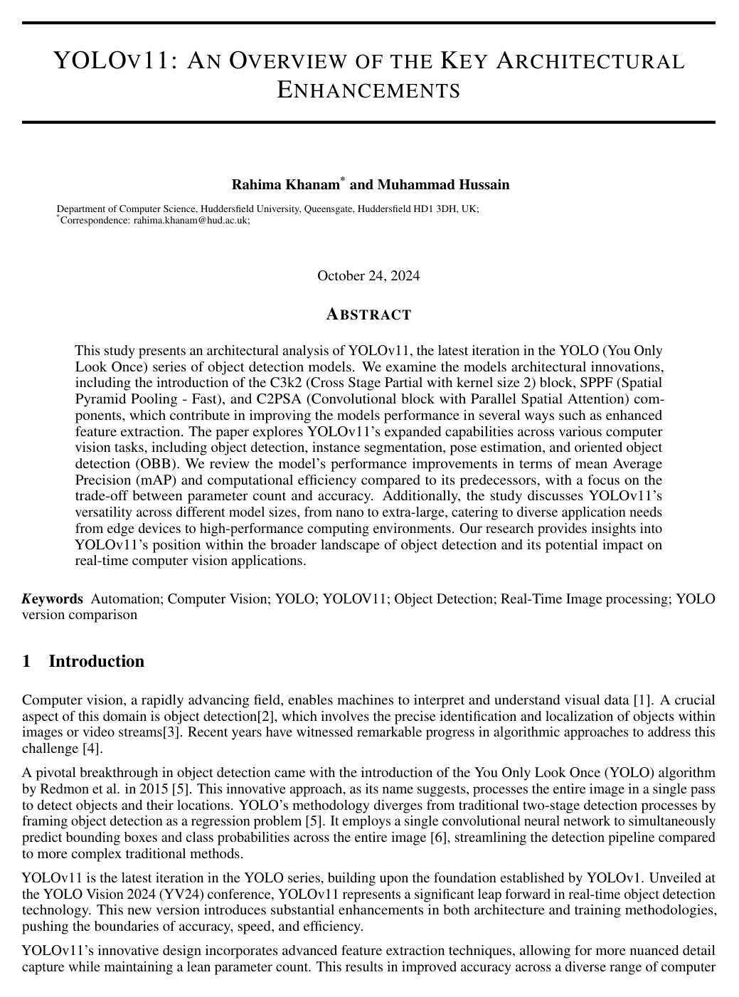 YOLOv11: An Overview of the Key Architectural Enhancements