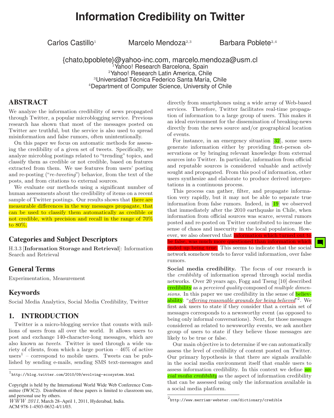Cover for Information credibility on twitter