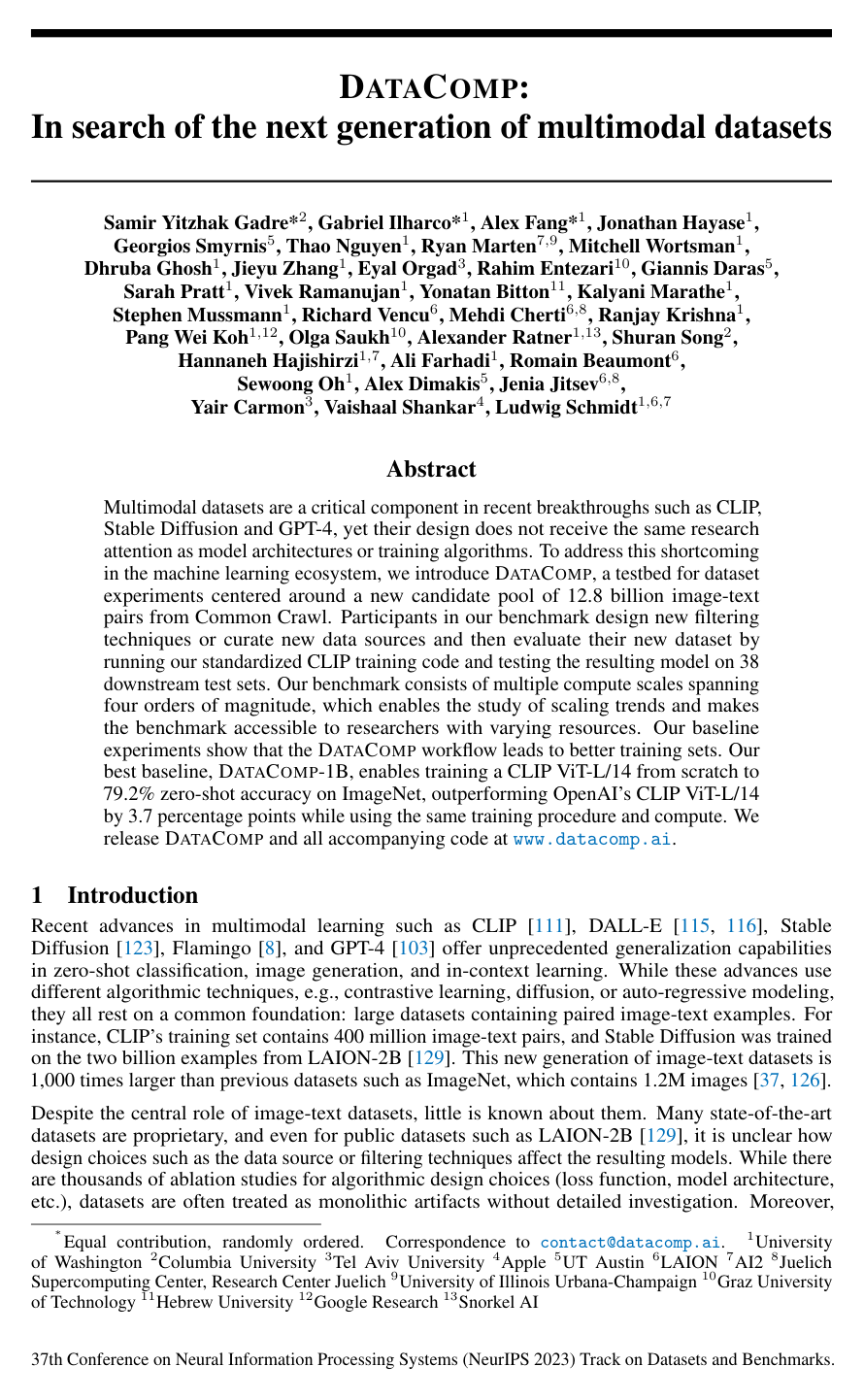 Cover for DataComp: In search of the next generation of multimodal datasets