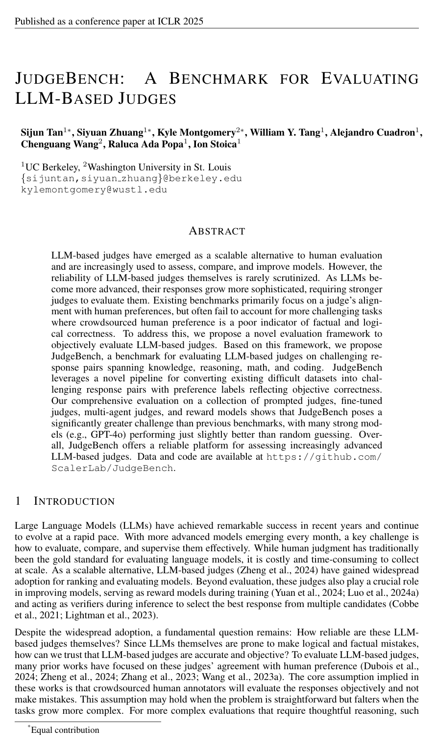 JudgeBench: A Benchmark for Evaluating LLM-Based Judges