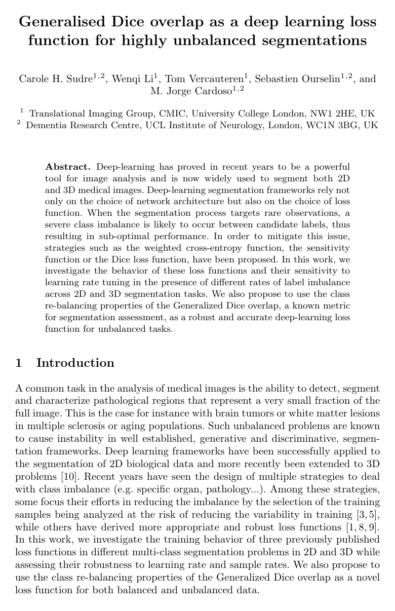 Cover for Generalised Dice Overlap as a Deep Learning Loss Function for Highly Unbalanced Segmentations