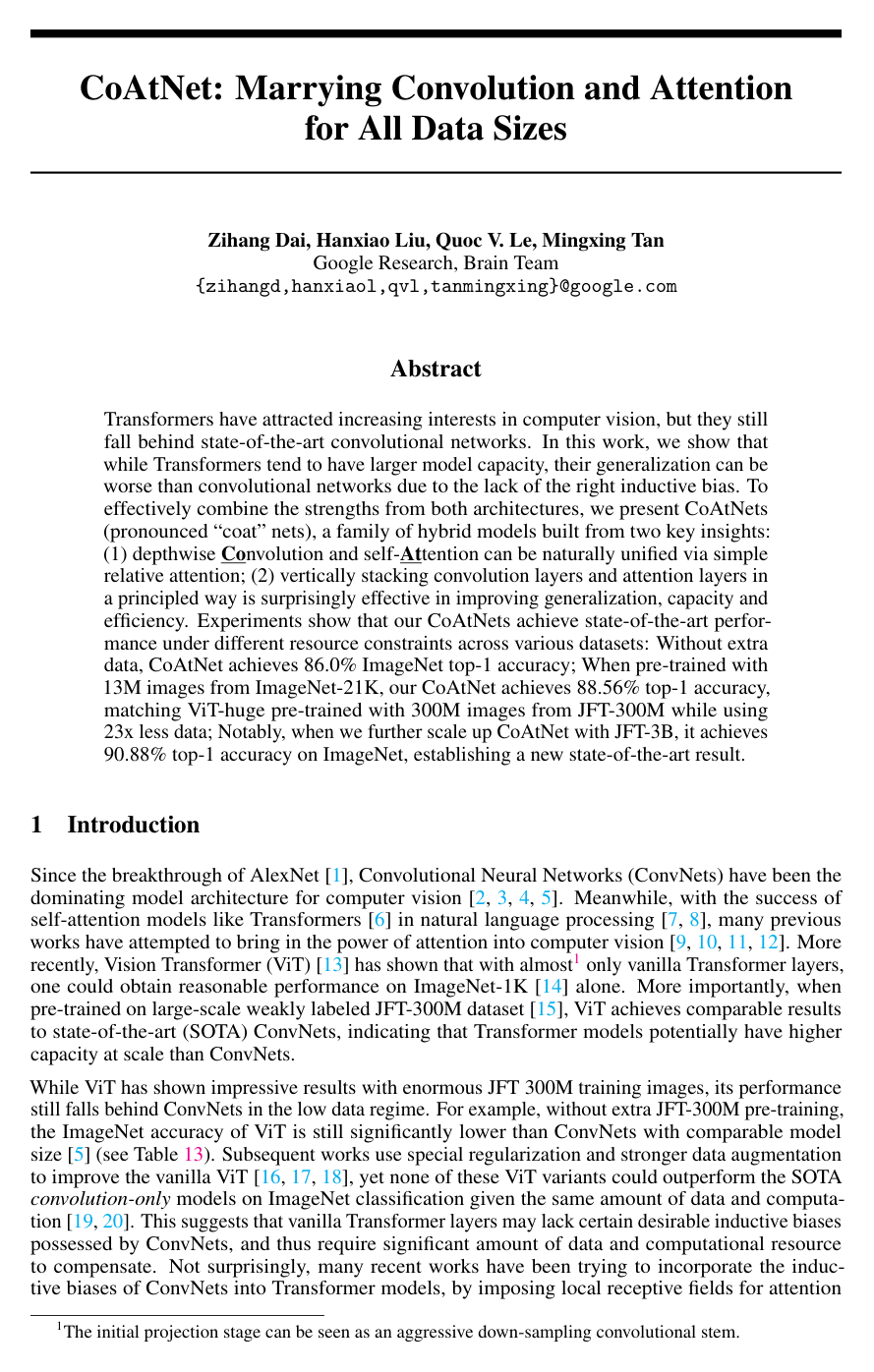 Cover for CoAtNet: Marrying Convolution and Attention for All Data Sizes