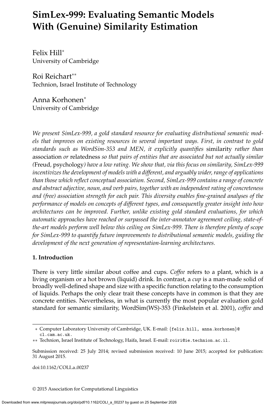 SimLex-999: Evaluating Semantic Models With (Genuine) Similarity Estimation