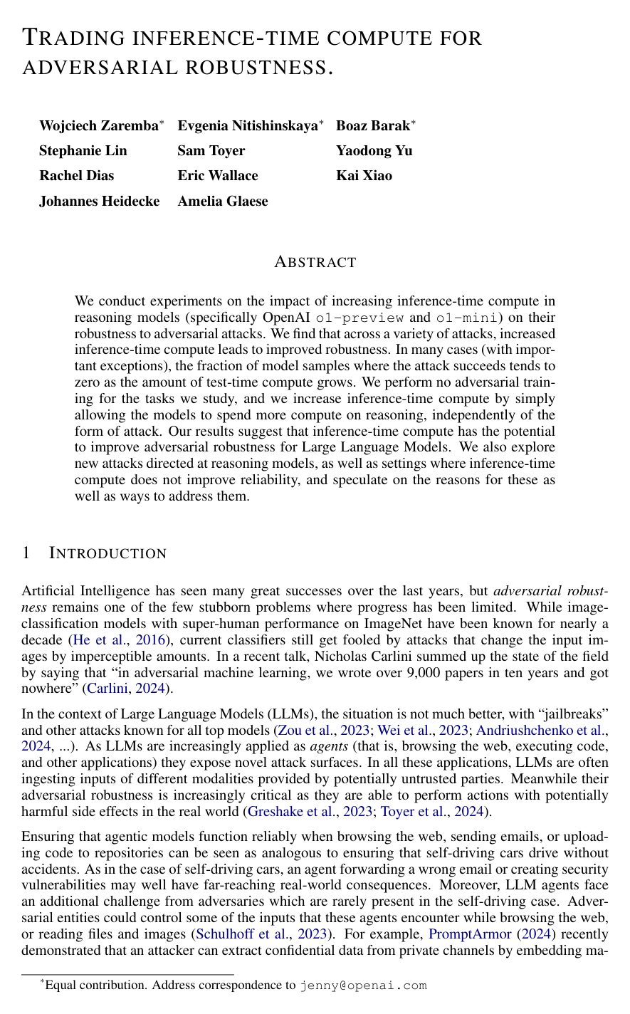Trading inference-time compute for adversarial robustness