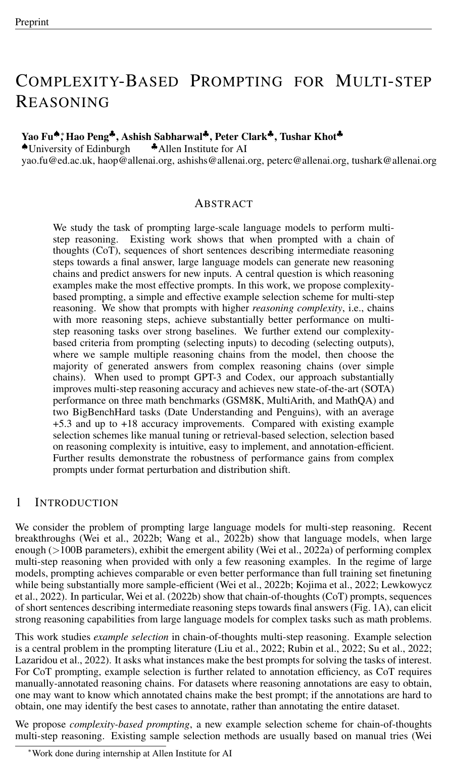 Complexity-Based Prompting for Multi-Step Reasoning