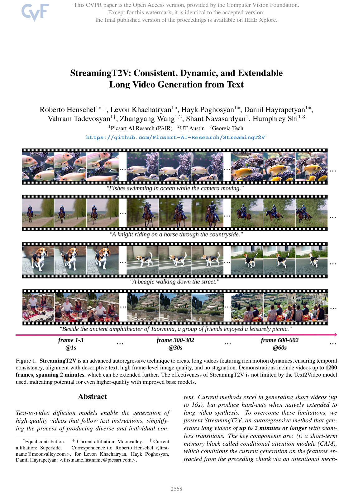 Cover for StreamingT2V: Consistent, Dynamic, and Extendable Long Video Generation from Text