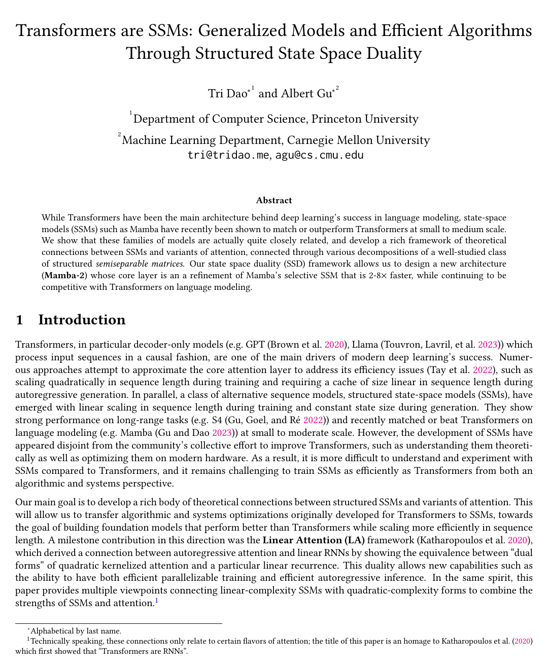 Cover for Transformers are SSMs: Generalized Models and Efficient Algorithms Through Structured State Space Duality