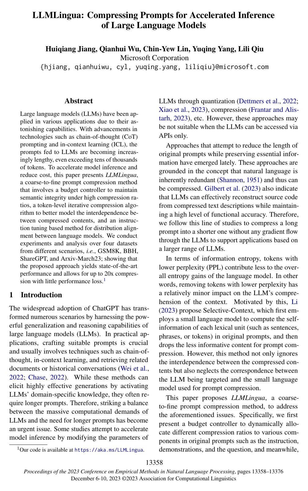 LLMLingua: Compressing Prompts for Accelerated Inference of Large Language Models