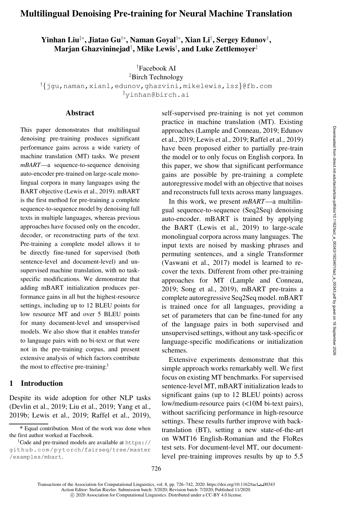 Cover for Multilingual Denoising Pre-training for Neural Machine Translation