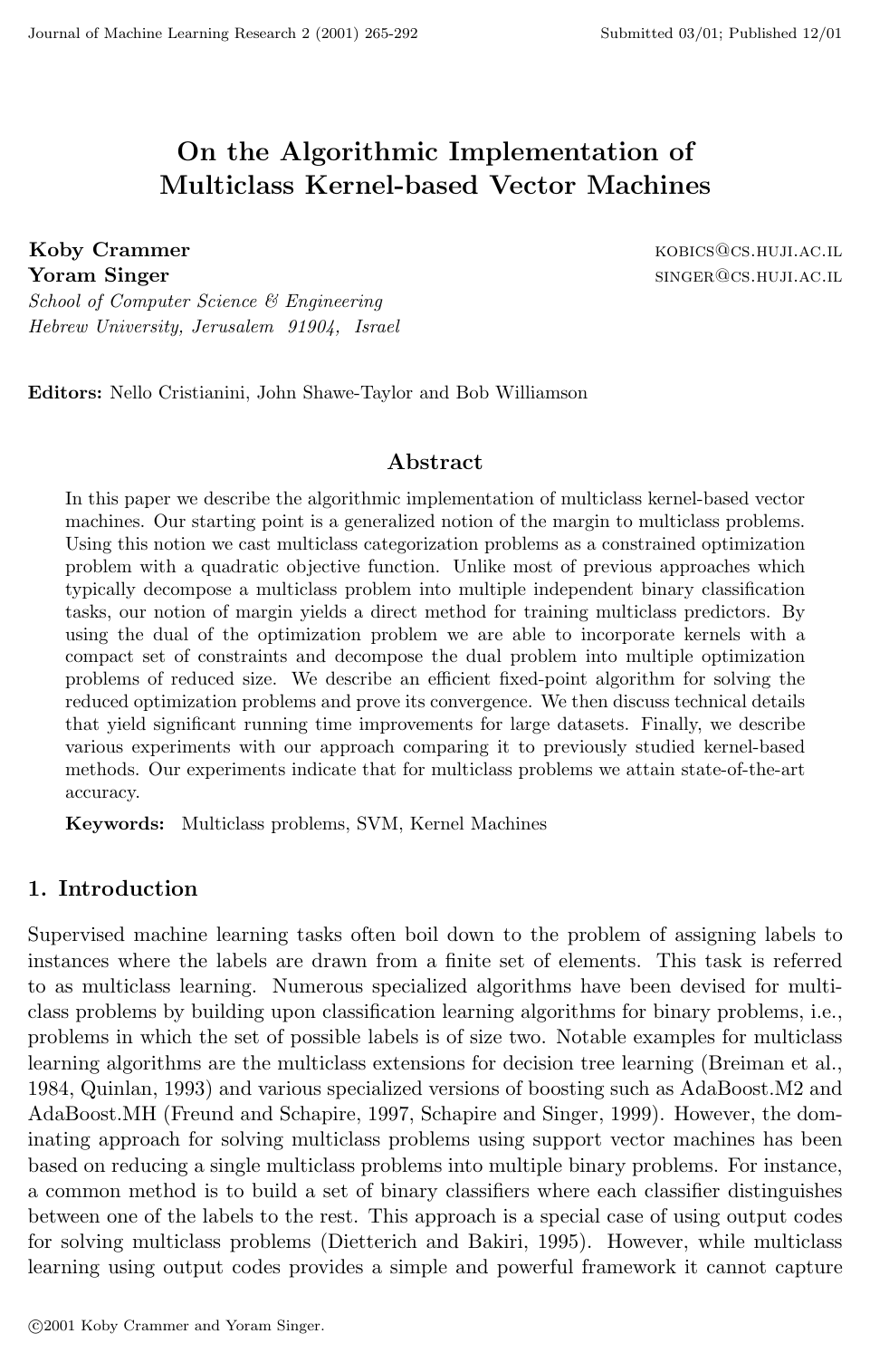 Cover for On the Algorithmic Implementation of Multiclass Kernel-based Vector Machines