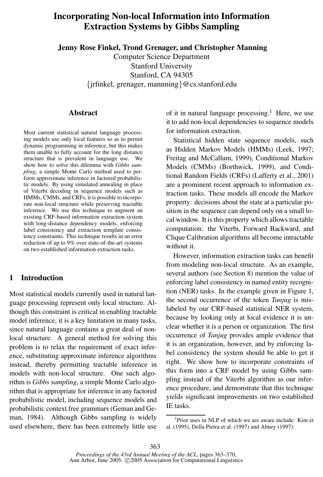 Cover for Incorporating Non-local Information into Information Extraction Systems by Gibbs Sampling