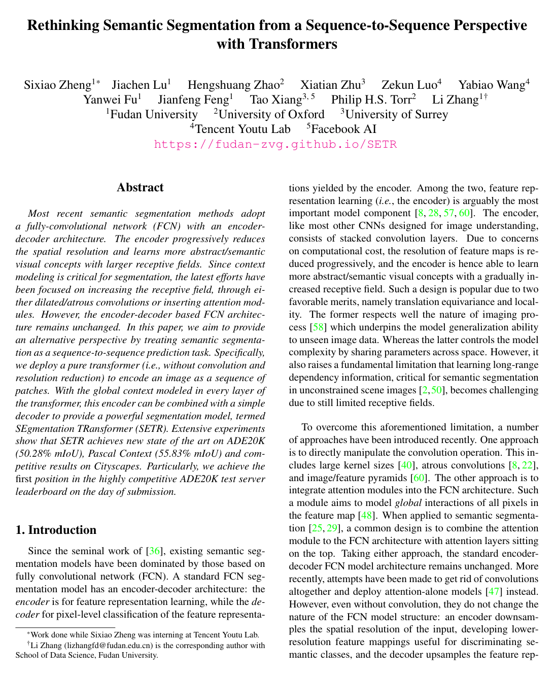 Rethinking Semantic Segmentation from a Sequence-to-Sequence Perspective with Transformers