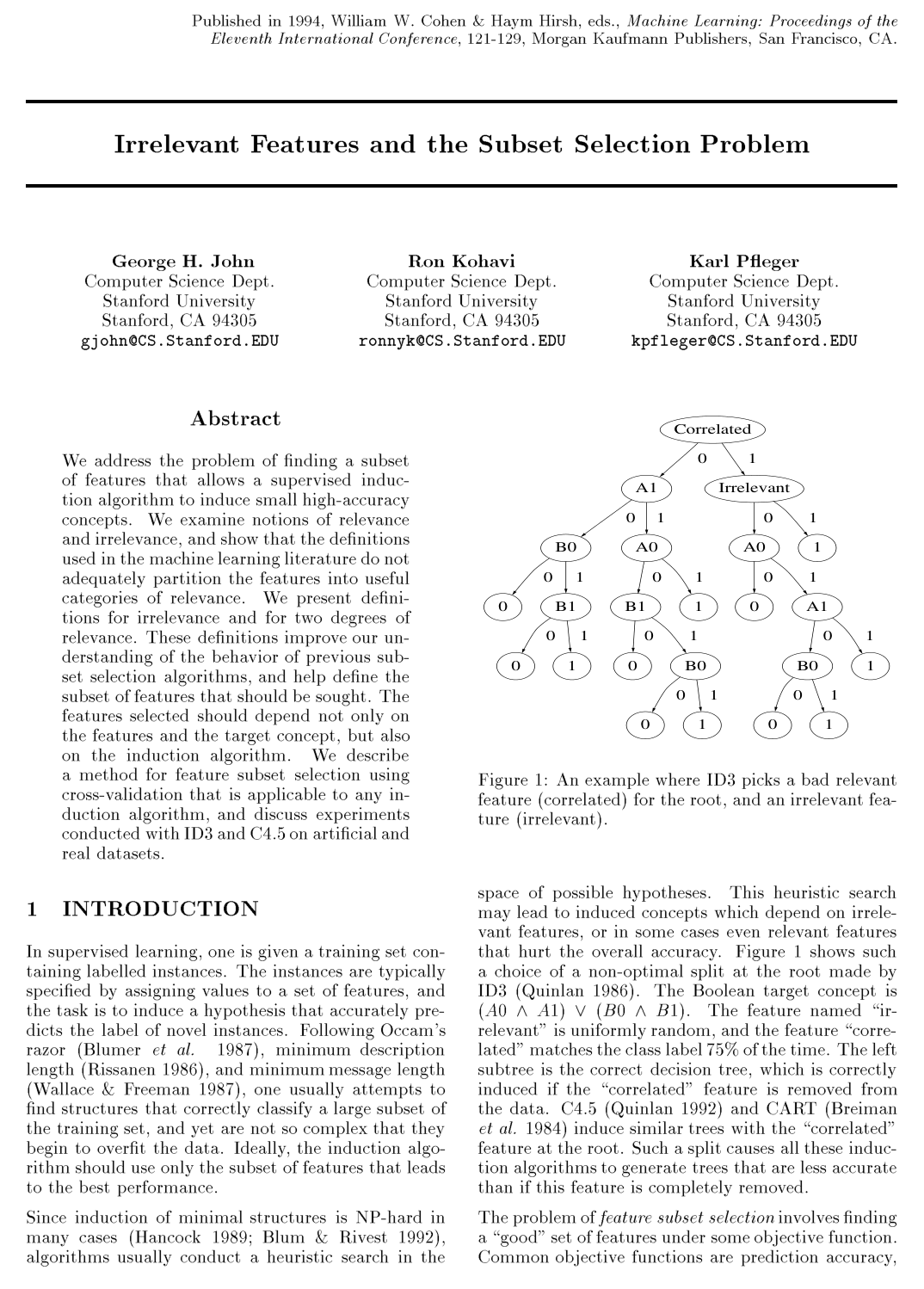 Irrelevant Features and the Subset Selection Problem