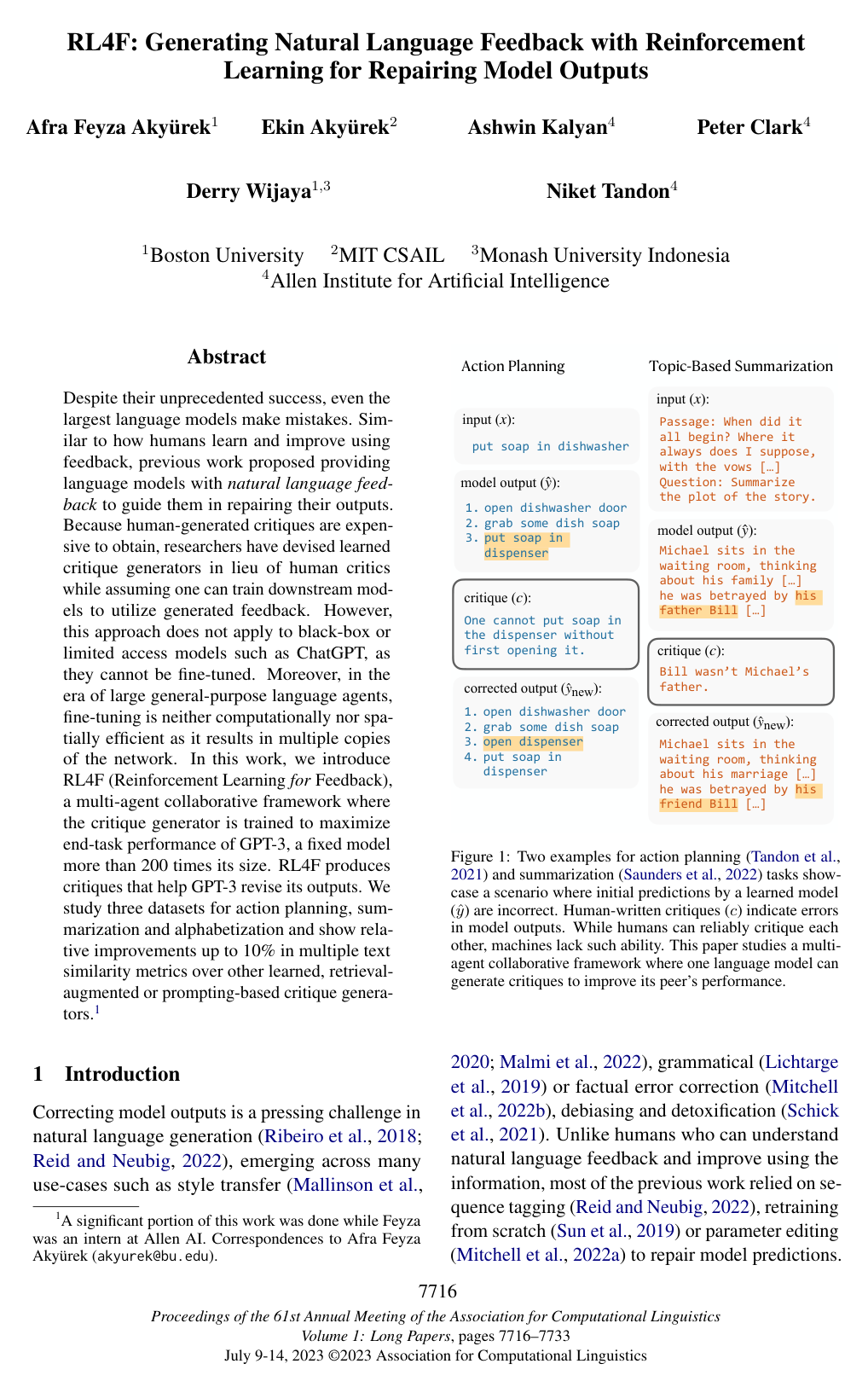Cover for RL4F: Generating Natural Language Feedback with Reinforcement Learning for Repairing Model Outputs