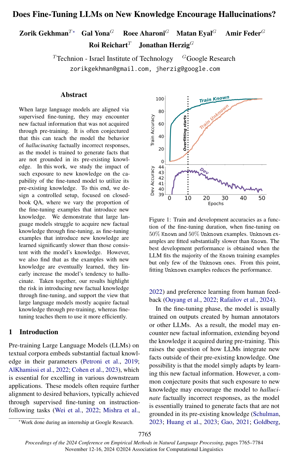 Cover for Does Fine-Tuning LLMs on New Knowledge Encourage Hallucinations?