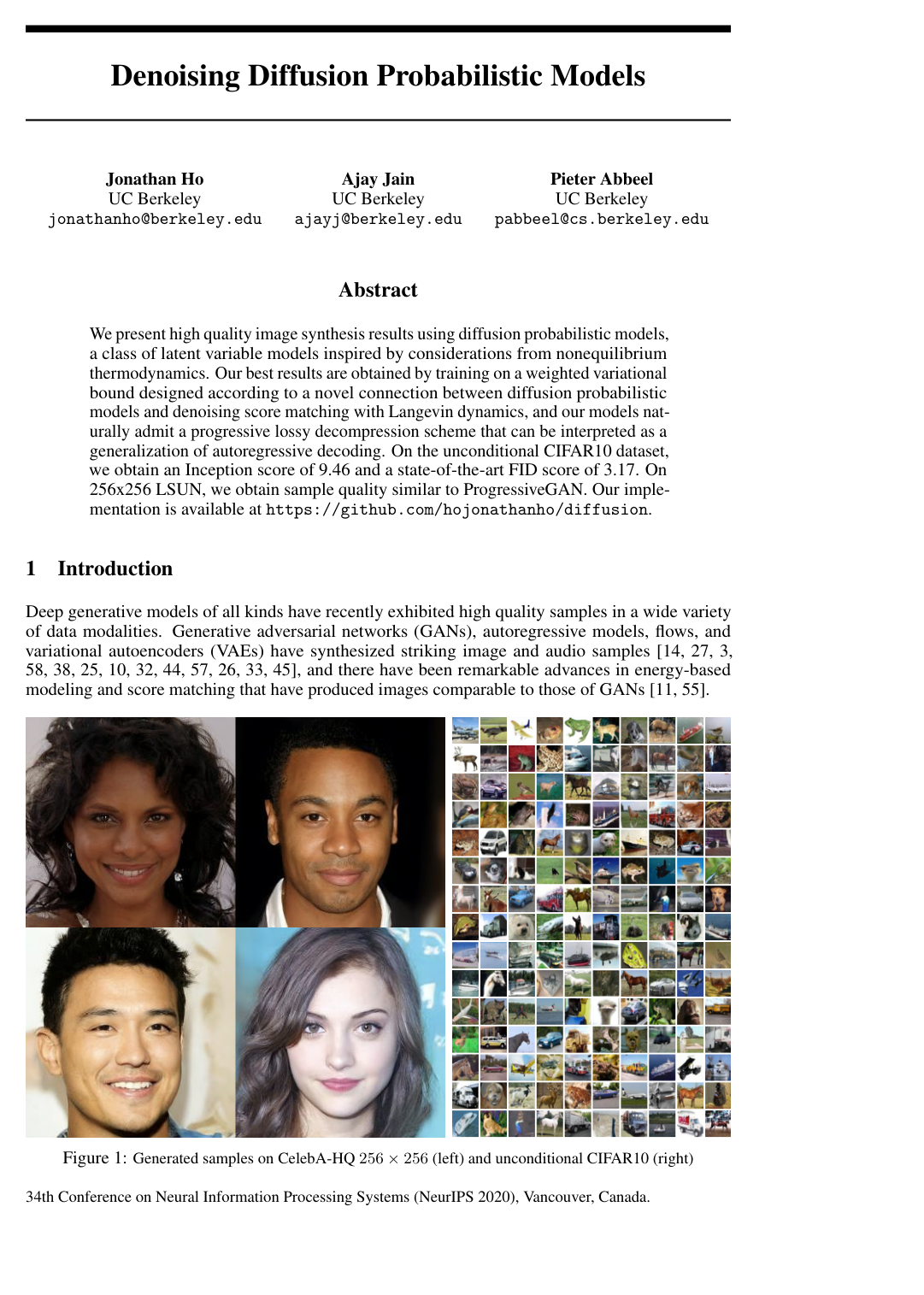 Denoising Diffusion Probabilistic Models