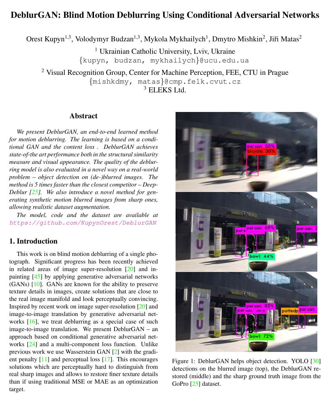 Cover for DeblurGAN: Blind Motion Deblurring Using Conditional Adversarial Networks