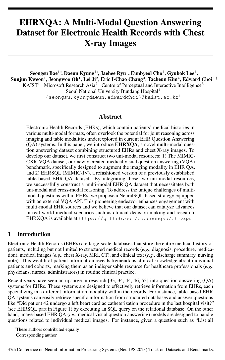 Cover for EHRXQA: A Multi-Modal Question Answering Dataset for Electronic Health Records with Chest X-ray Images